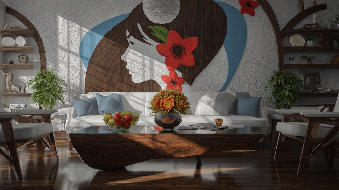 Artistic modern living room with sculptural wall art, white sofa, and wooden furniture