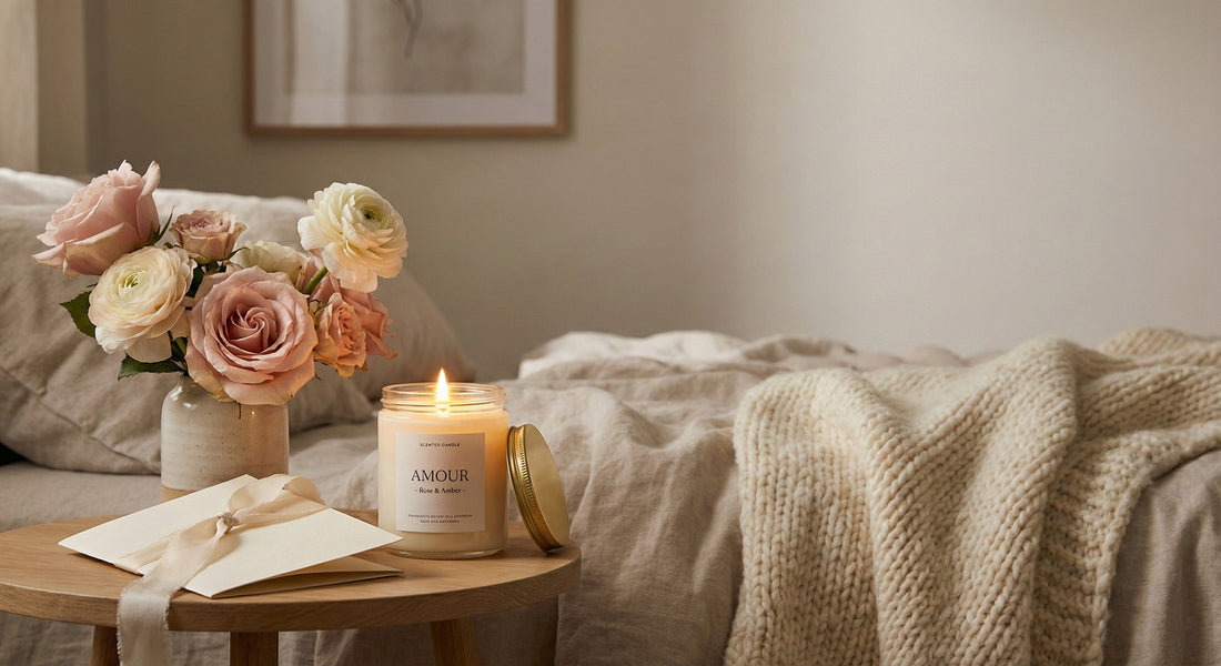 Cozy bedroom scene with lit scented candle, pastel roses, knitted blanket, and love note