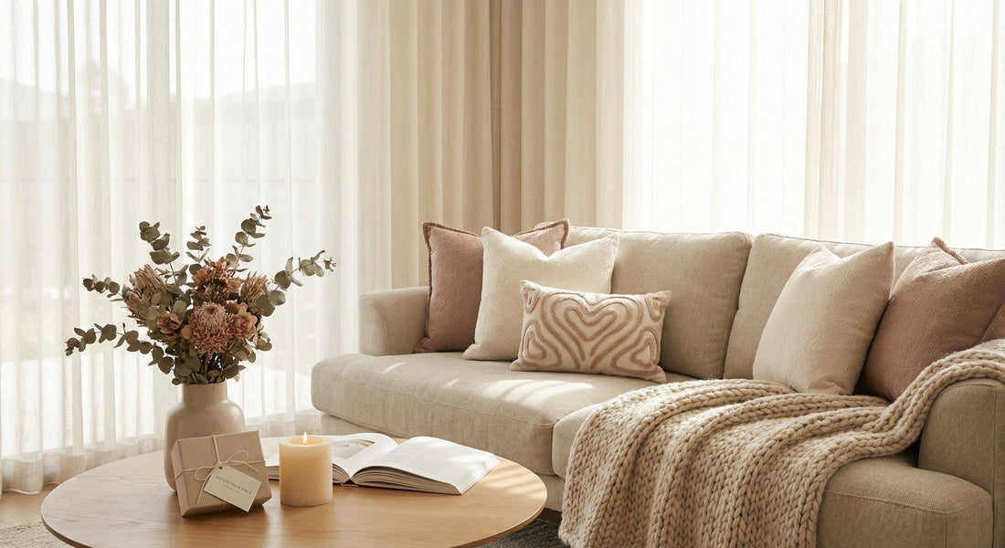 Cozy neutral living room with beige sofa, textured pillows, throw blanket, and soft natural light