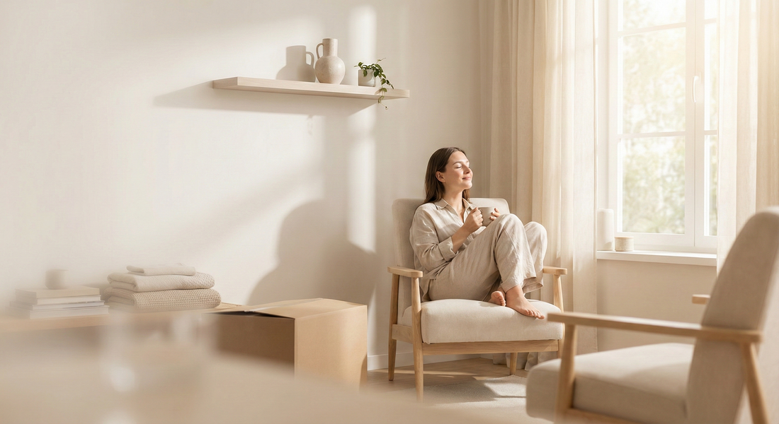 Woman relaxing in a minimalist living room with natural light, calm interior design and wellness mood