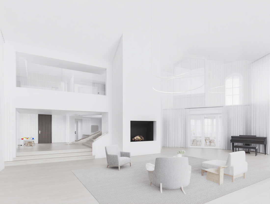 Minimalist white open-plan living room with modern fireplace, soft seating, and high ceilings