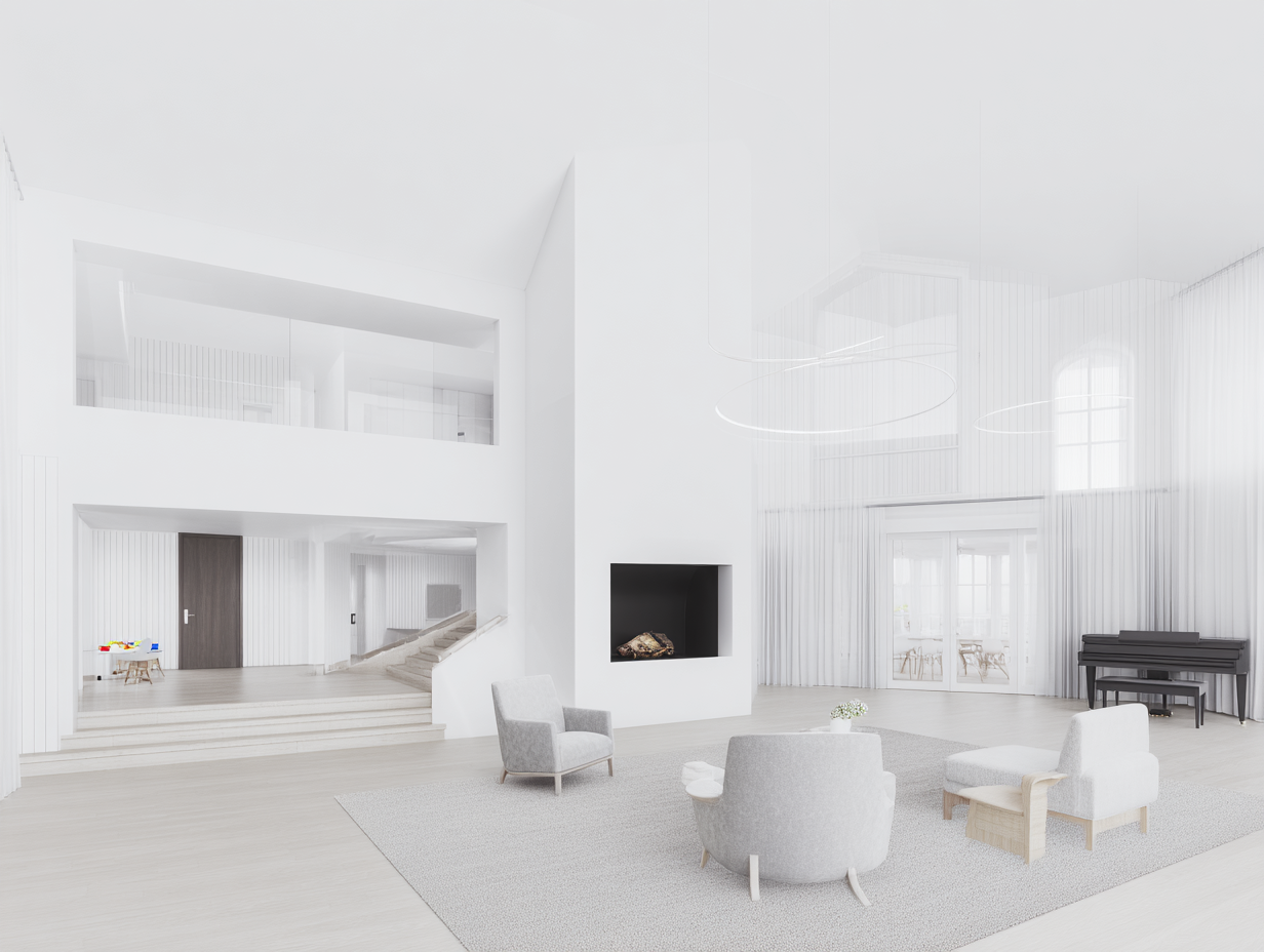 Minimalist white open-plan living room with modern fireplace, soft seating, and high ceilings
