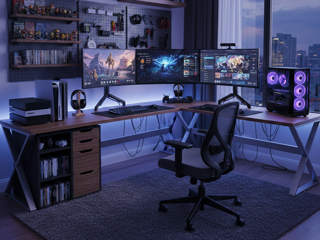 Purple-lit gaming desk with triple monitors, PC tower, and organized shelves.