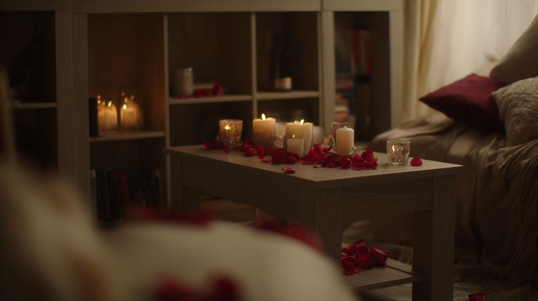 Romantic bedroom with candles and rose petals on bedside table creating a warm, intimate mood