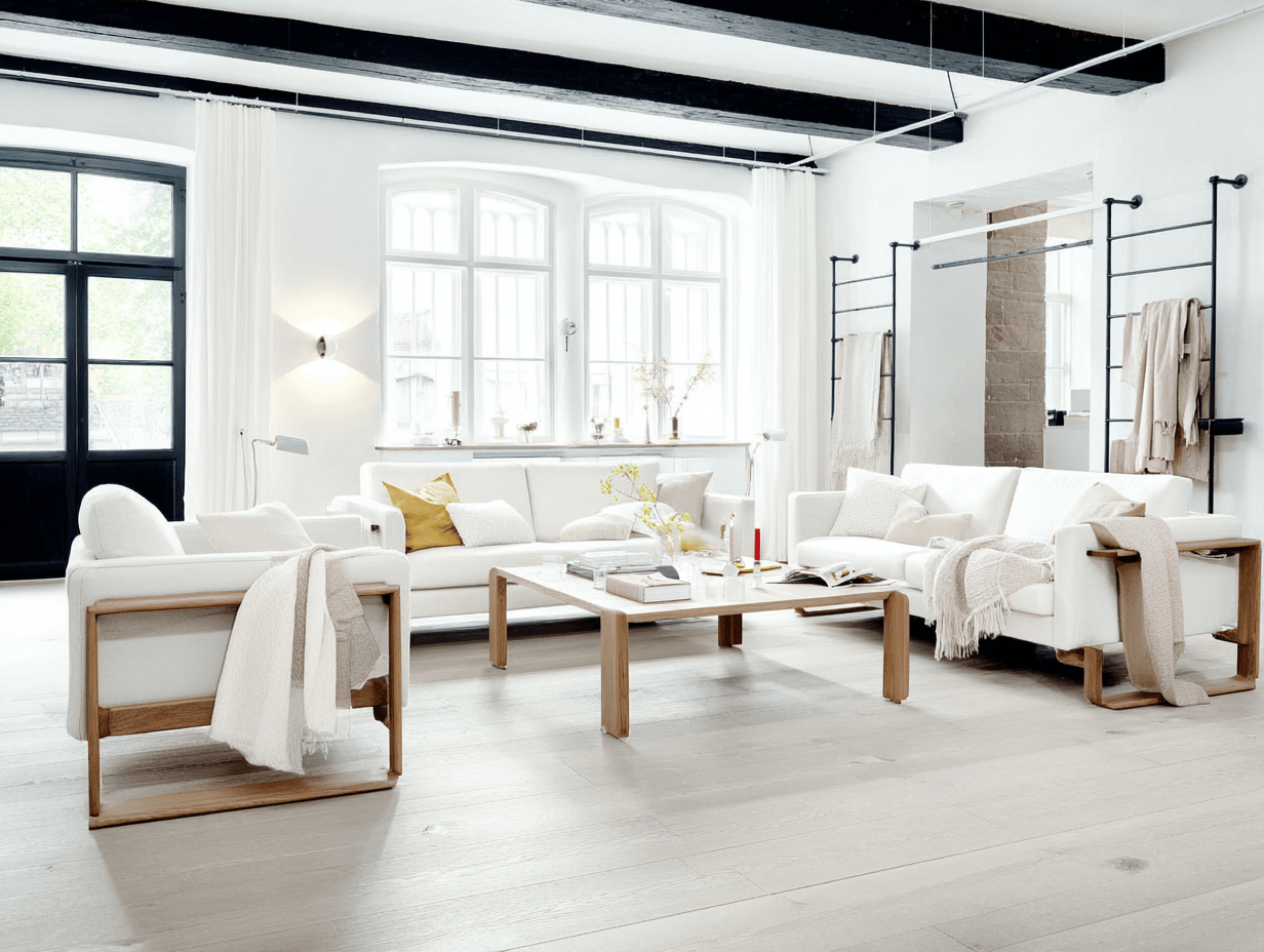 Bright Scandinavian living room with white sofas, wooden furniture, and large windows