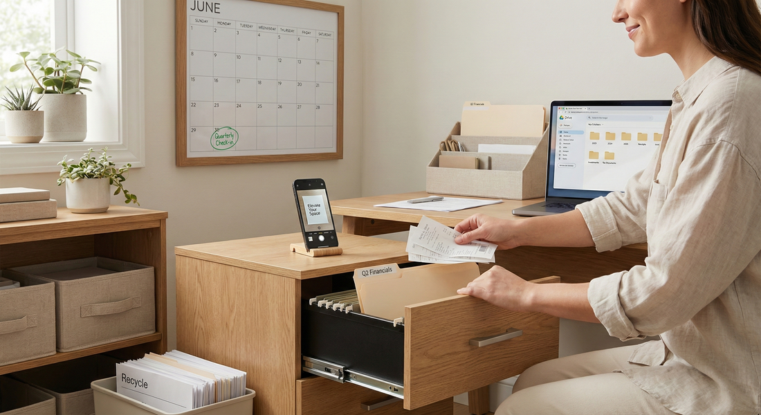 Woman organizing financial receipts into filing cabinet in a tidy home office