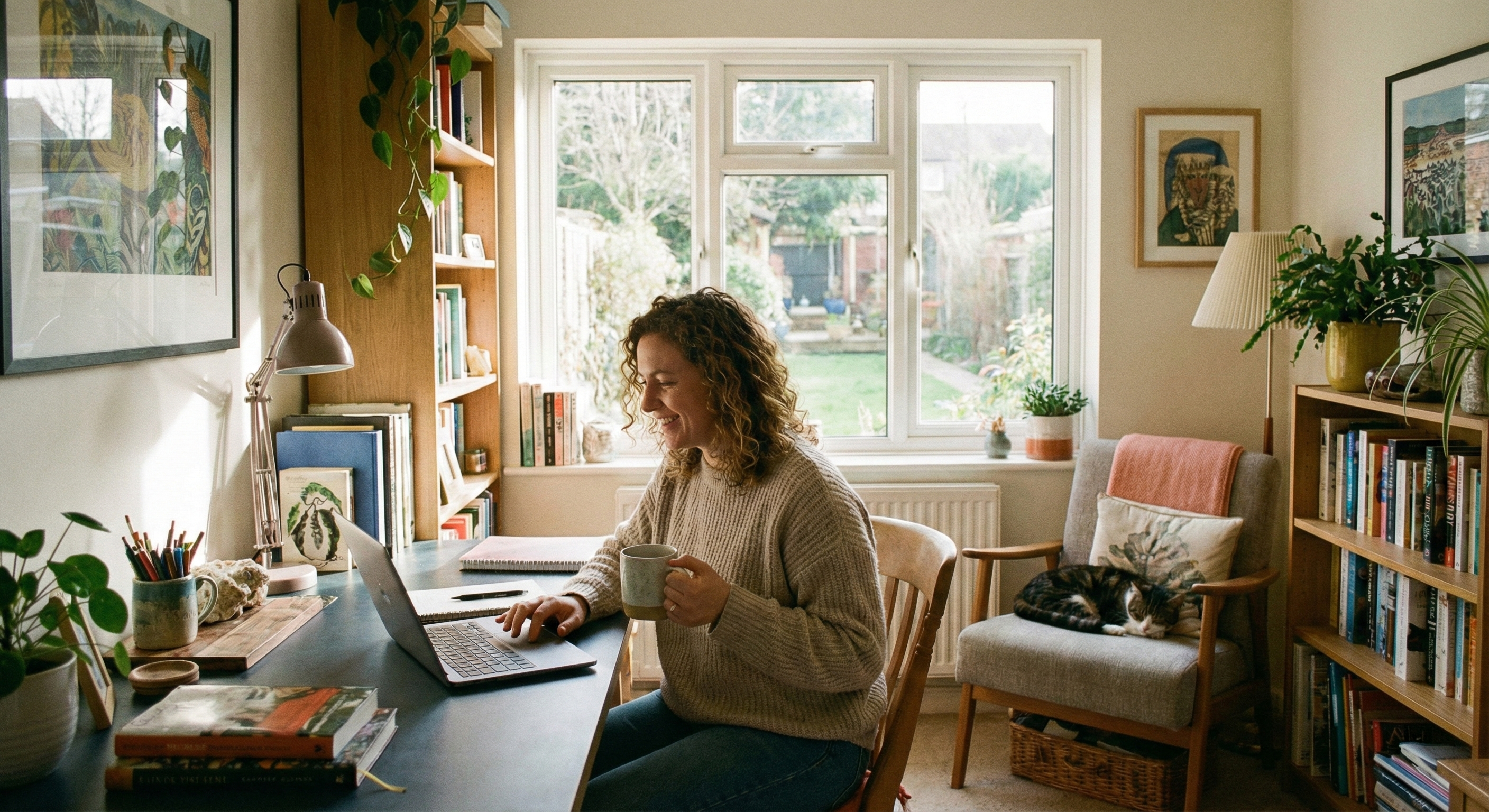 Woman working on laptop in cozy home office with plants, books, coffee and cat