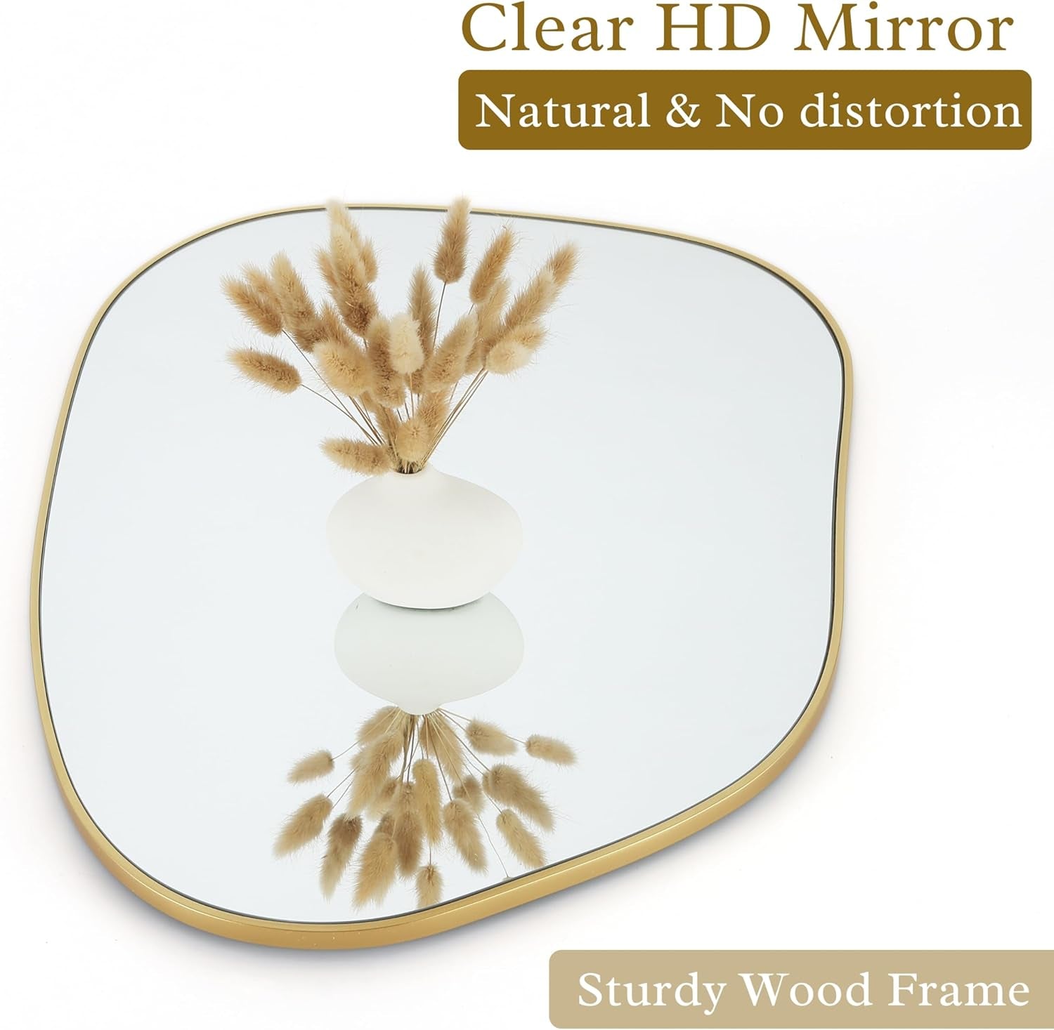 Irregular gold frame mirror with clear HD reflection and sturdy wood frame for modern décor.
