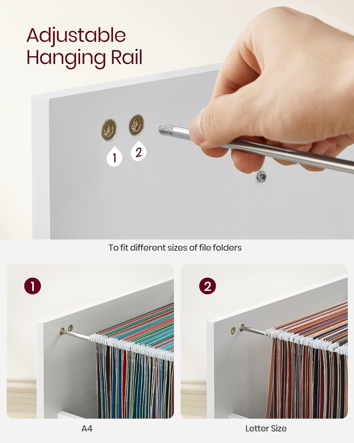 Adjustable hanging rail filing cabinet for organized document and folder storage.