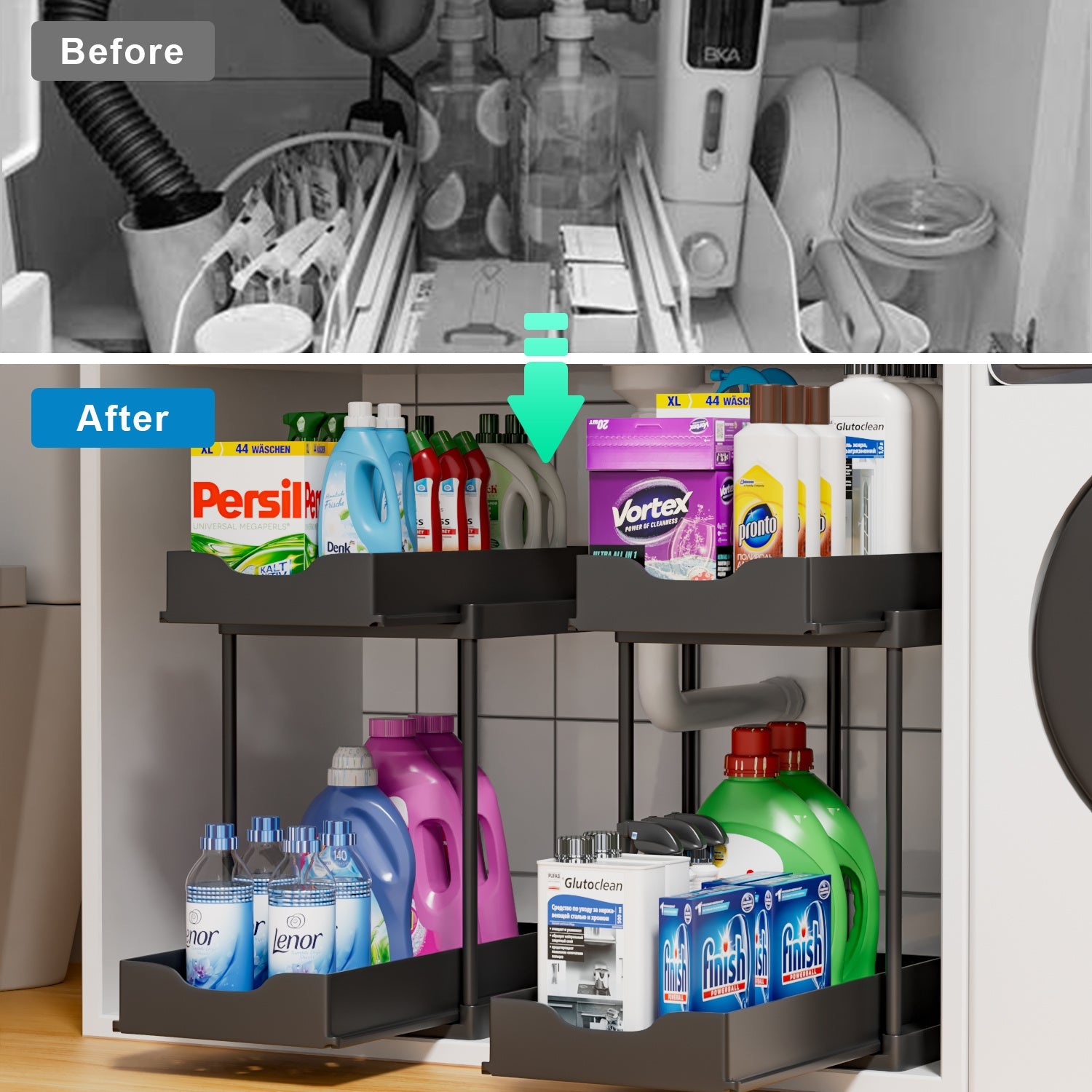 Before and after under sink organizer for laundry detergents and cleaning supplies.