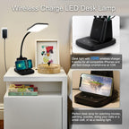 Wireless charging LED desk lamp with phone stand and storage organizer.
