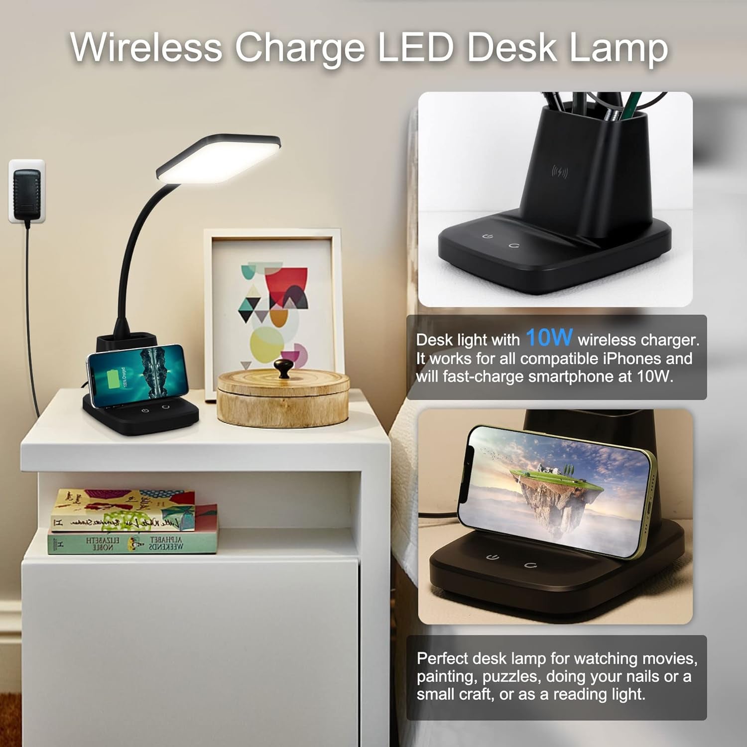 Wireless charging LED desk lamp with phone stand and storage organizer.
