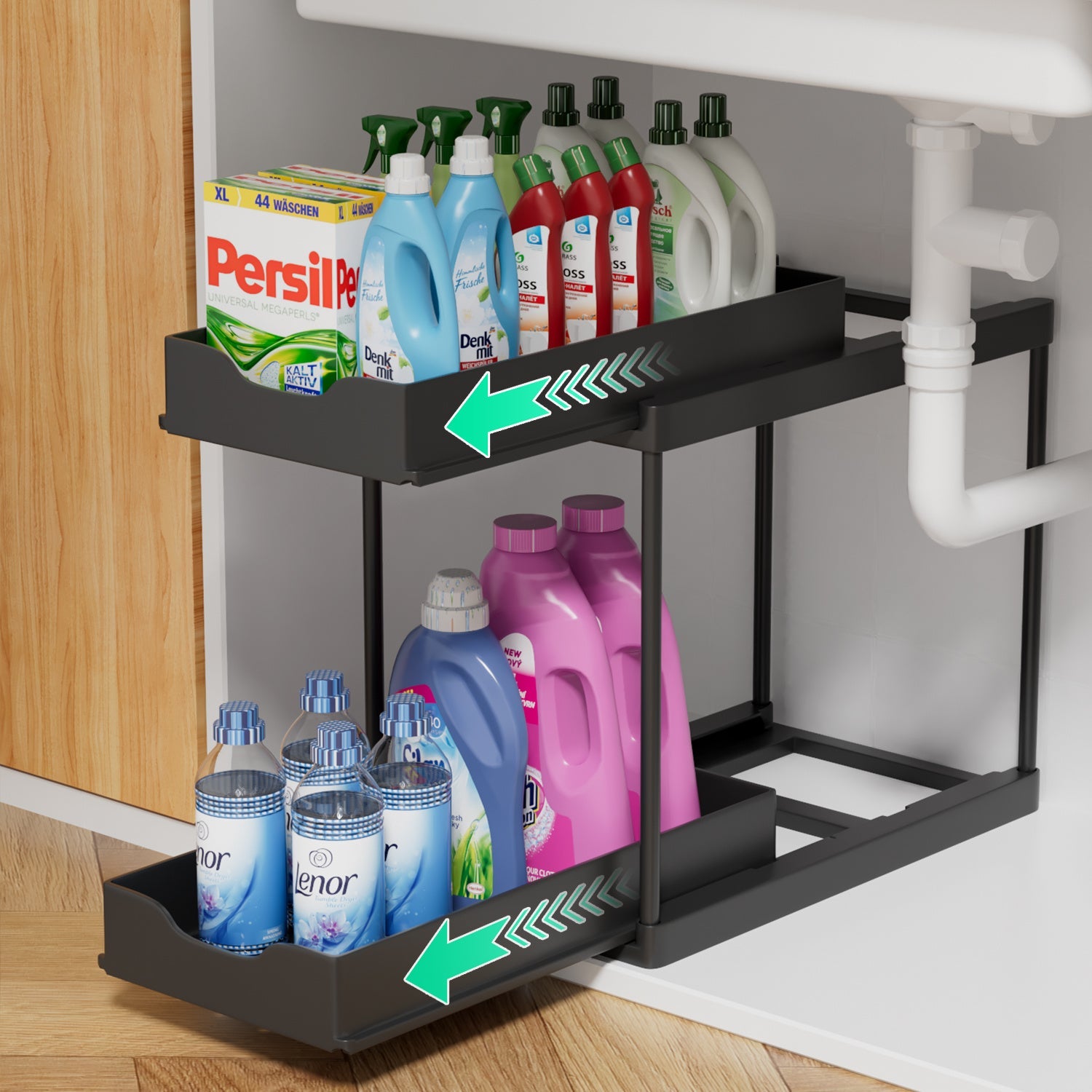 Two-tier black sliding storage organizer placed under a sink, holding bottles of laundry detergent and cleaning supplies