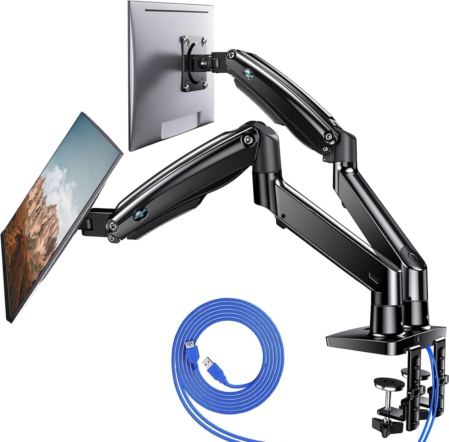 Dual monitor arm desk mount with adjustable gas spring design