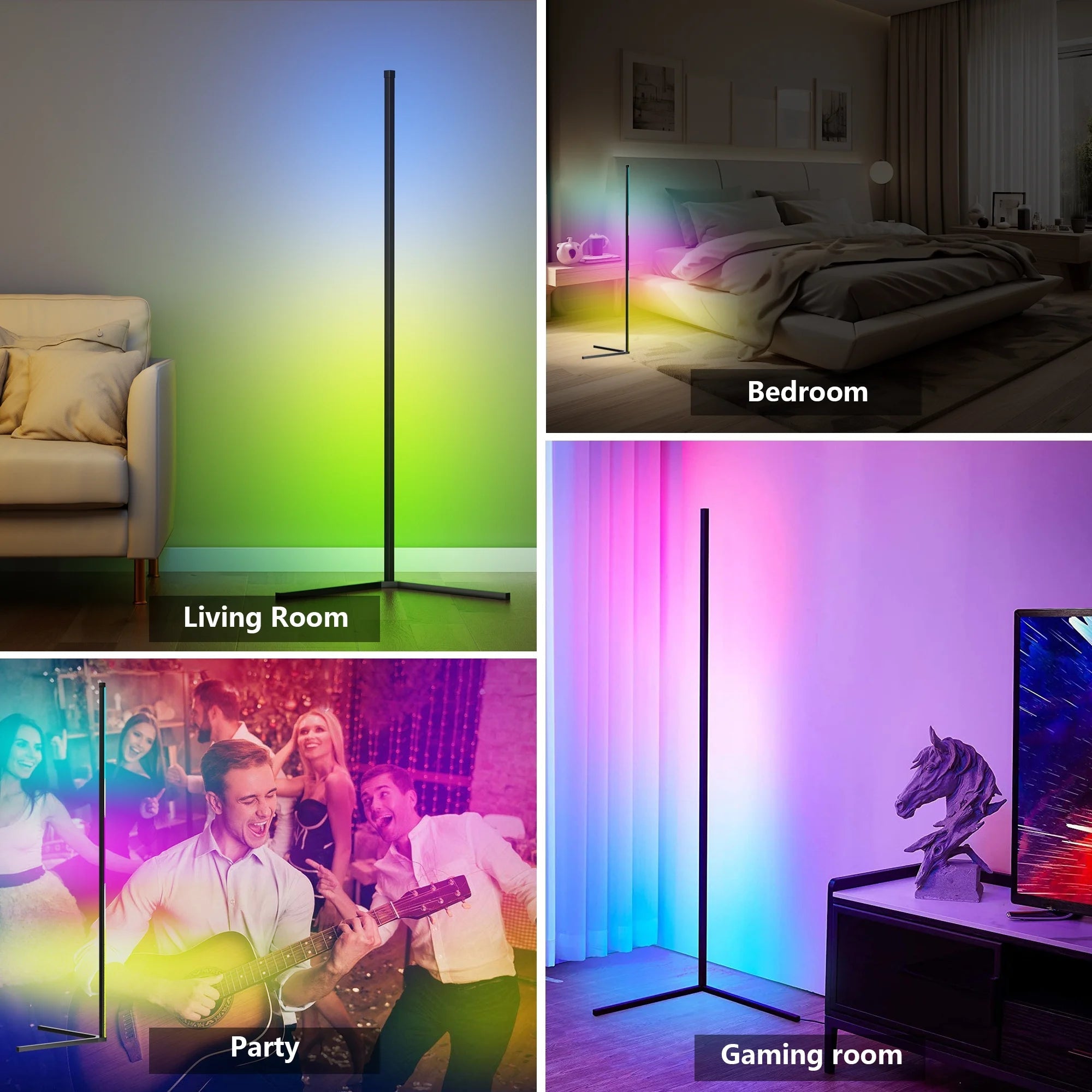 Color changing LED floor lamp for living room, bedroom, gaming, and party lighting.
