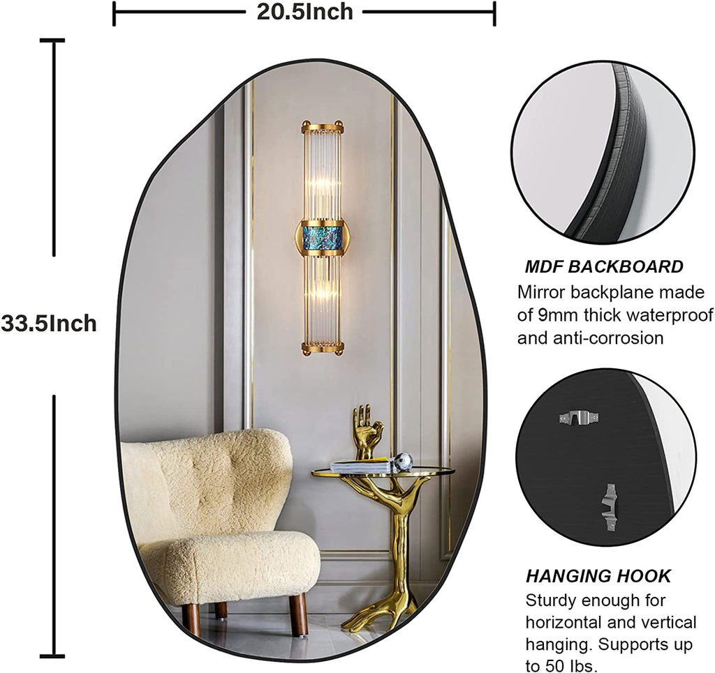 Irregular wall mirror (30.5"x20.5") with MDF backing and hanging hooks for modern home decor.
