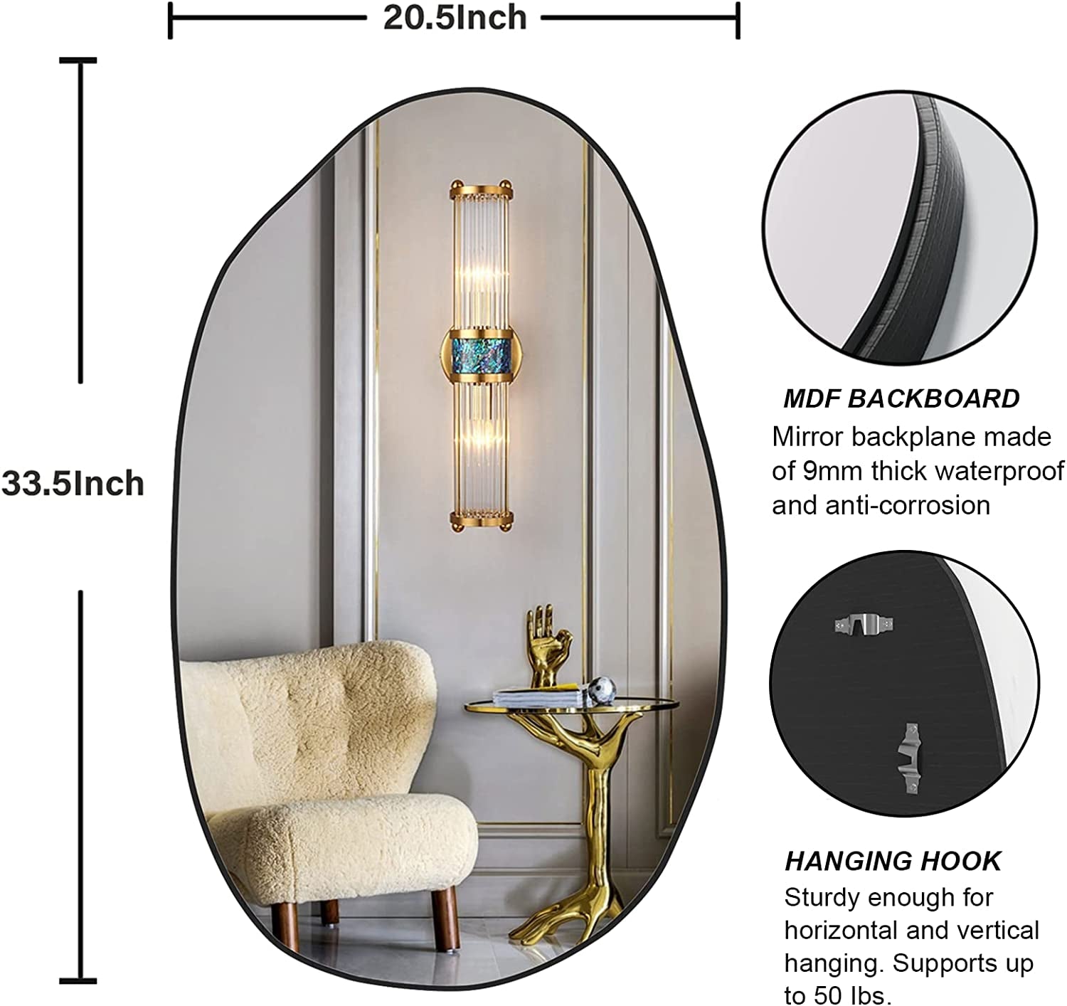 Irregular wall mirror (30.5"x20.5") with MDF backing and hanging hooks for modern home decor.
