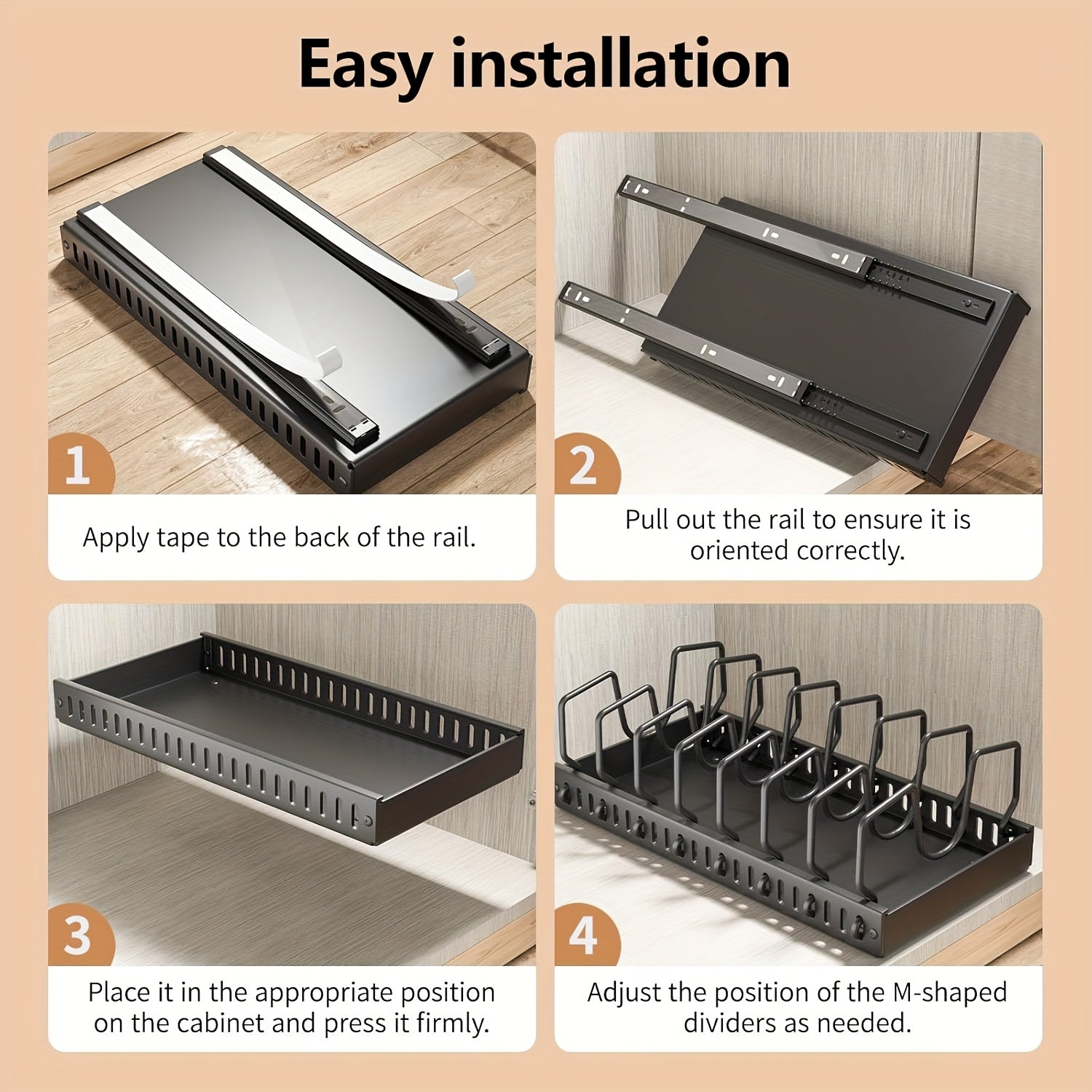 Easy installation kitchen cabinet organizer for pots, pans, and lids storage.
