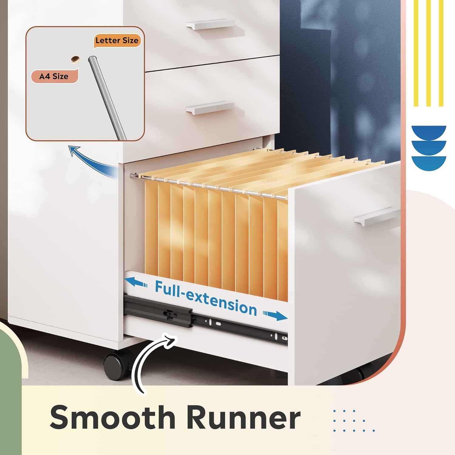 White filing cabinet with smooth runner drawers for easy full-extension document storage.