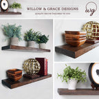 Rustic dark wood floating shelves for plants, books, and stylish home décor.
