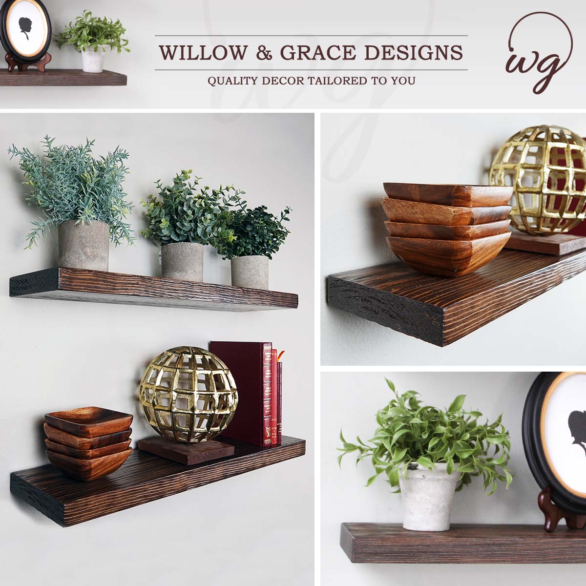 Rustic dark wood floating shelves for plants, books, and stylish home décor.

