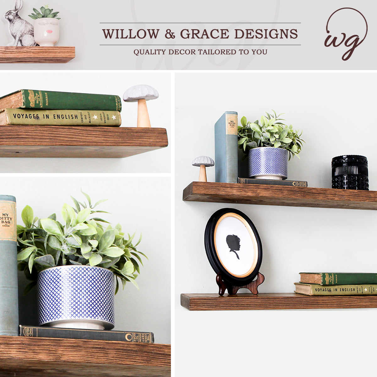 Rustic wood floating shelves by Willow & Grace Designs for elegant wall storage.
