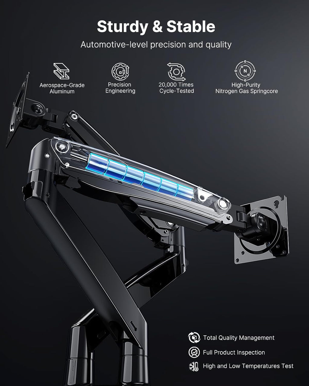 Heavy-duty dual monitor arm with gas spring and durable build