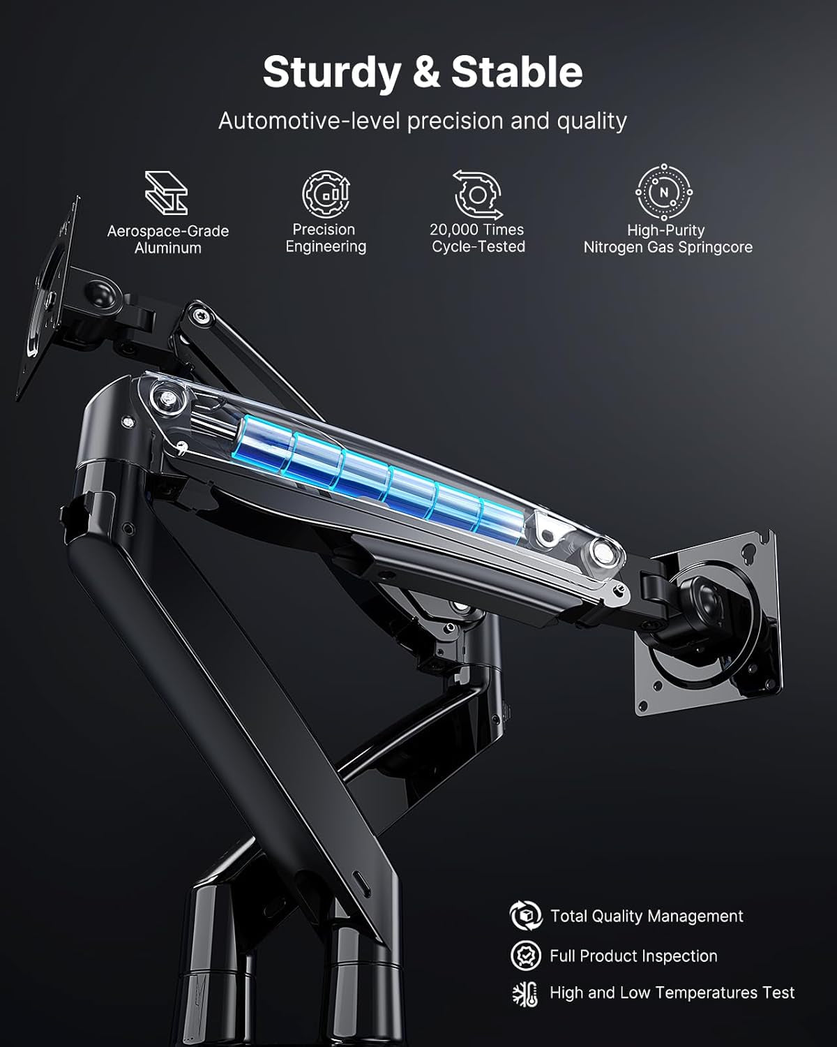 Heavy-duty dual monitor arm with gas spring and durable build