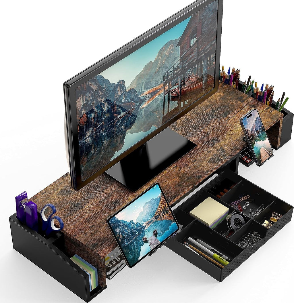 Wooden monitor stand with storage compartments and device holders