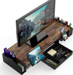 Wooden monitor stand with storage compartments and device holders
