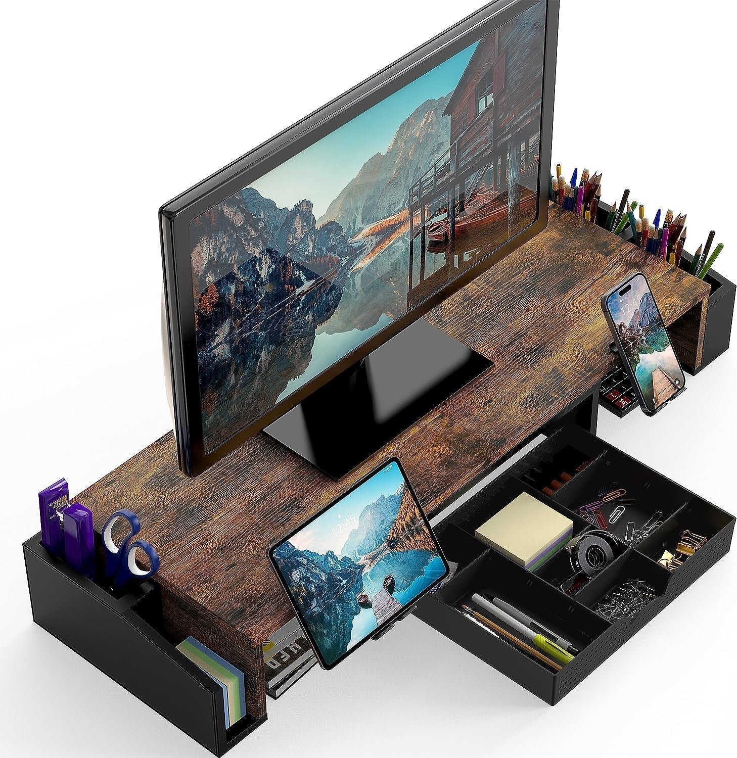 Wooden monitor stand with storage compartments and device holders