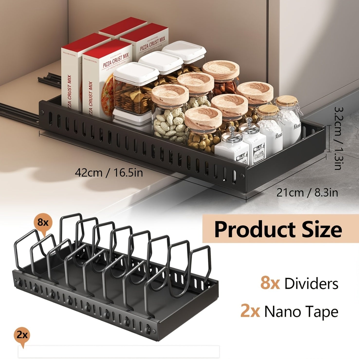 Adjustable kitchen storage rack with 8 dividers for jars, spices, and boxes.