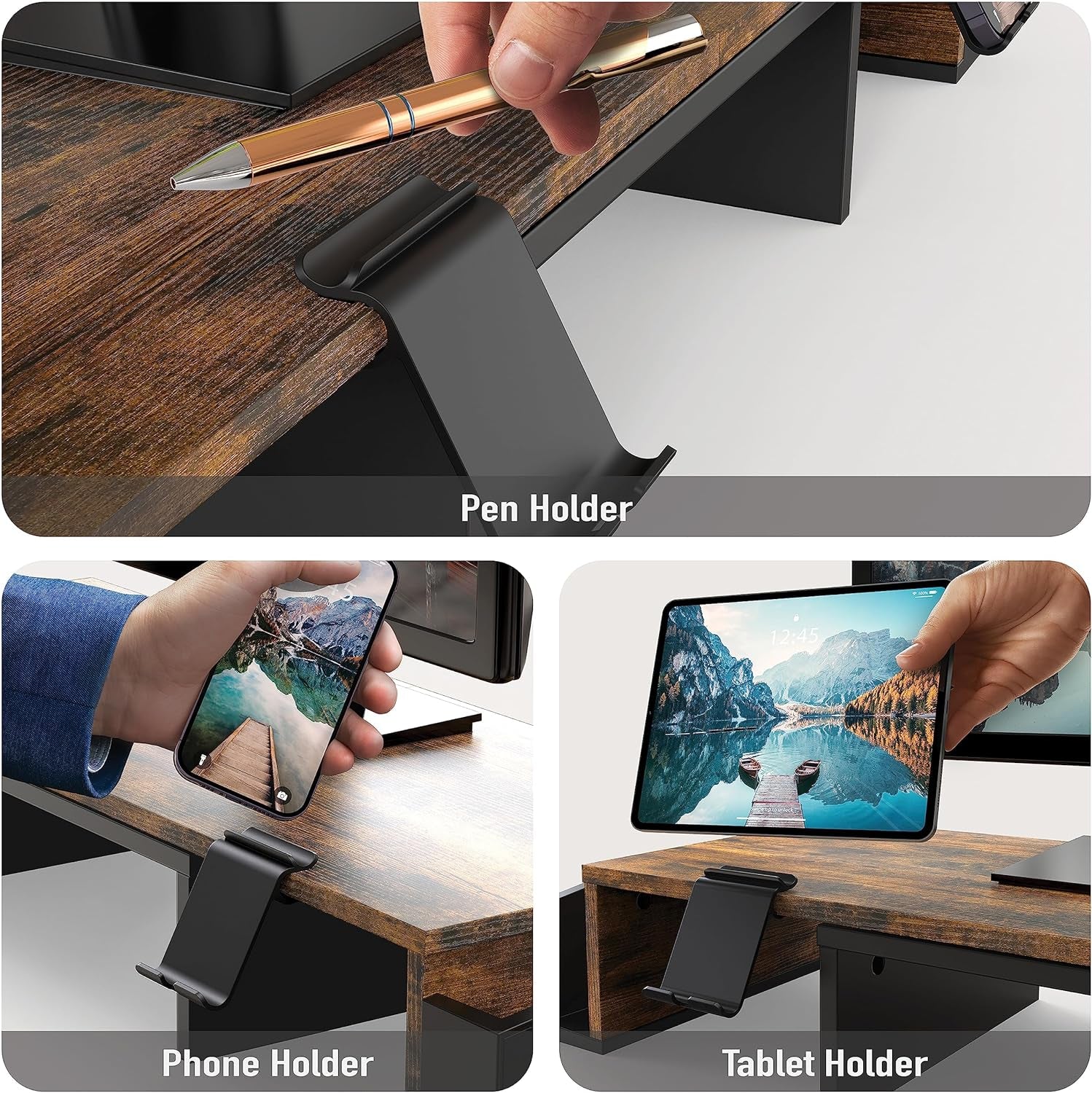 Wooden monitor stand with pen, phone, and tablet holders