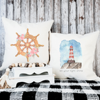 Nautical decorative pillows with ship wheel and lighthouse designs for coastal home decor.
