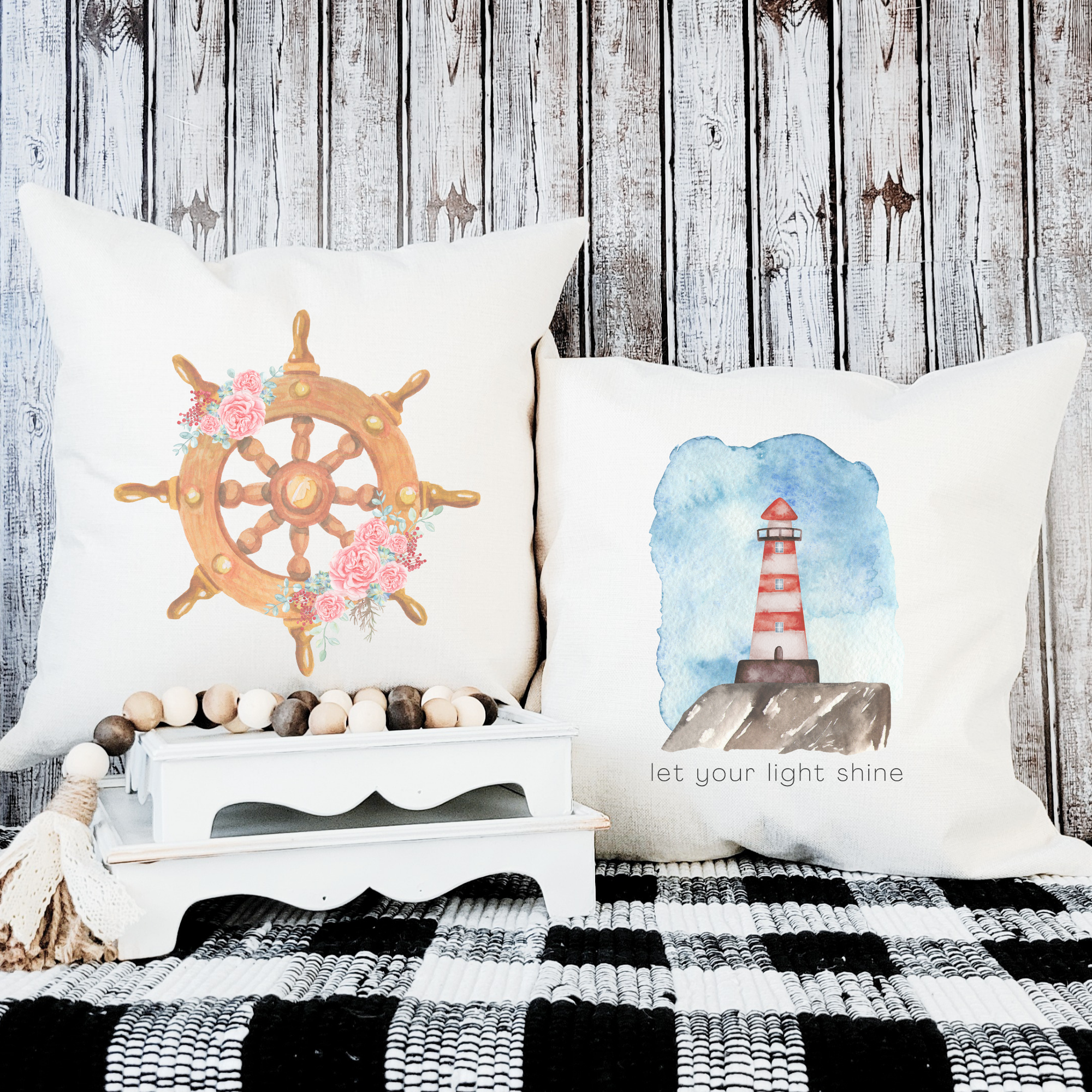 Nautical decorative pillows with ship wheel and lighthouse designs for coastal home decor.
