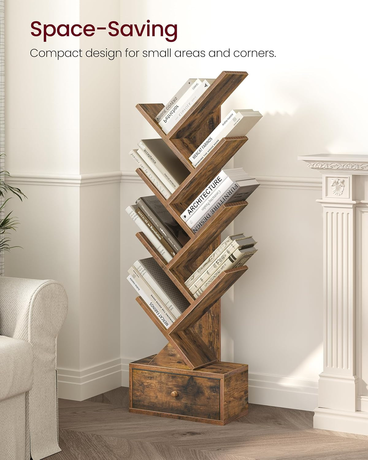 Compact tree-shaped wooden bookshelf with storage drawer for books and small spaces.