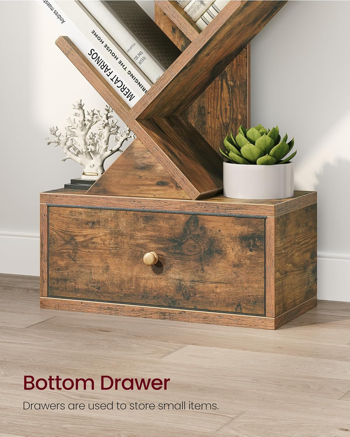 Wooden bookshelf with bottom storage drawer for books, decor, and small essentials.