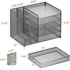 Metal mesh desk organizer with dimensions, file slots, shelves, and tray