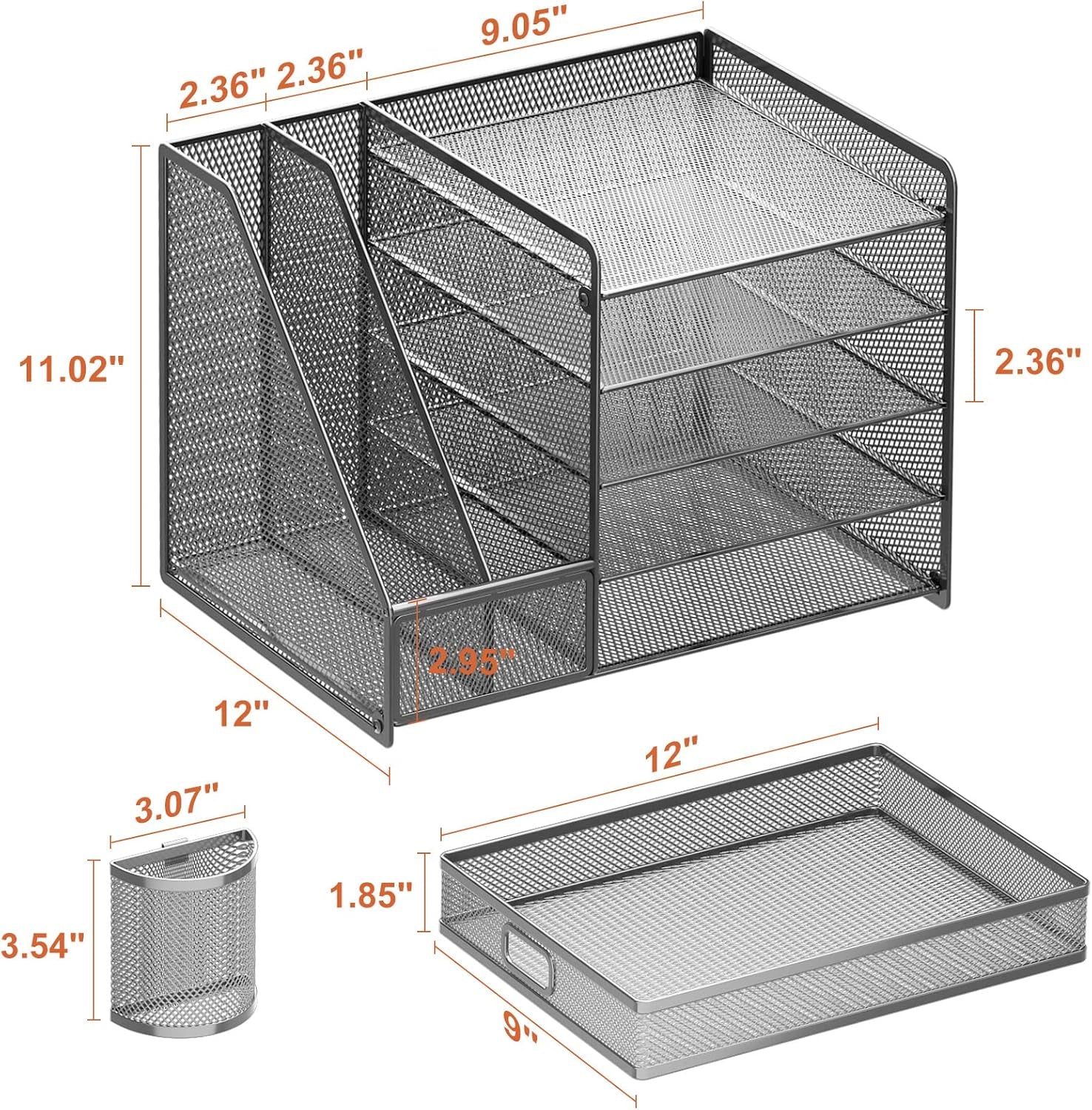 Metal mesh desk organizer with dimensions, file slots, shelves, and tray