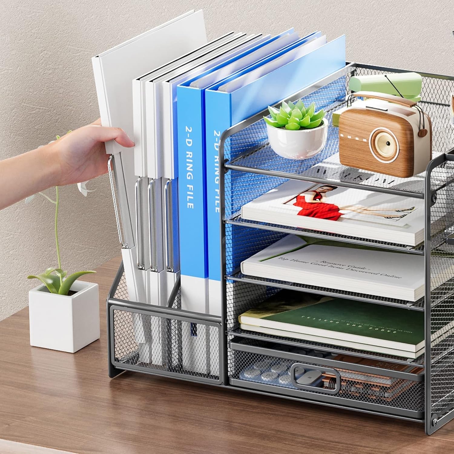Mesh desk organizer with file holder, shelves, and stationery storage