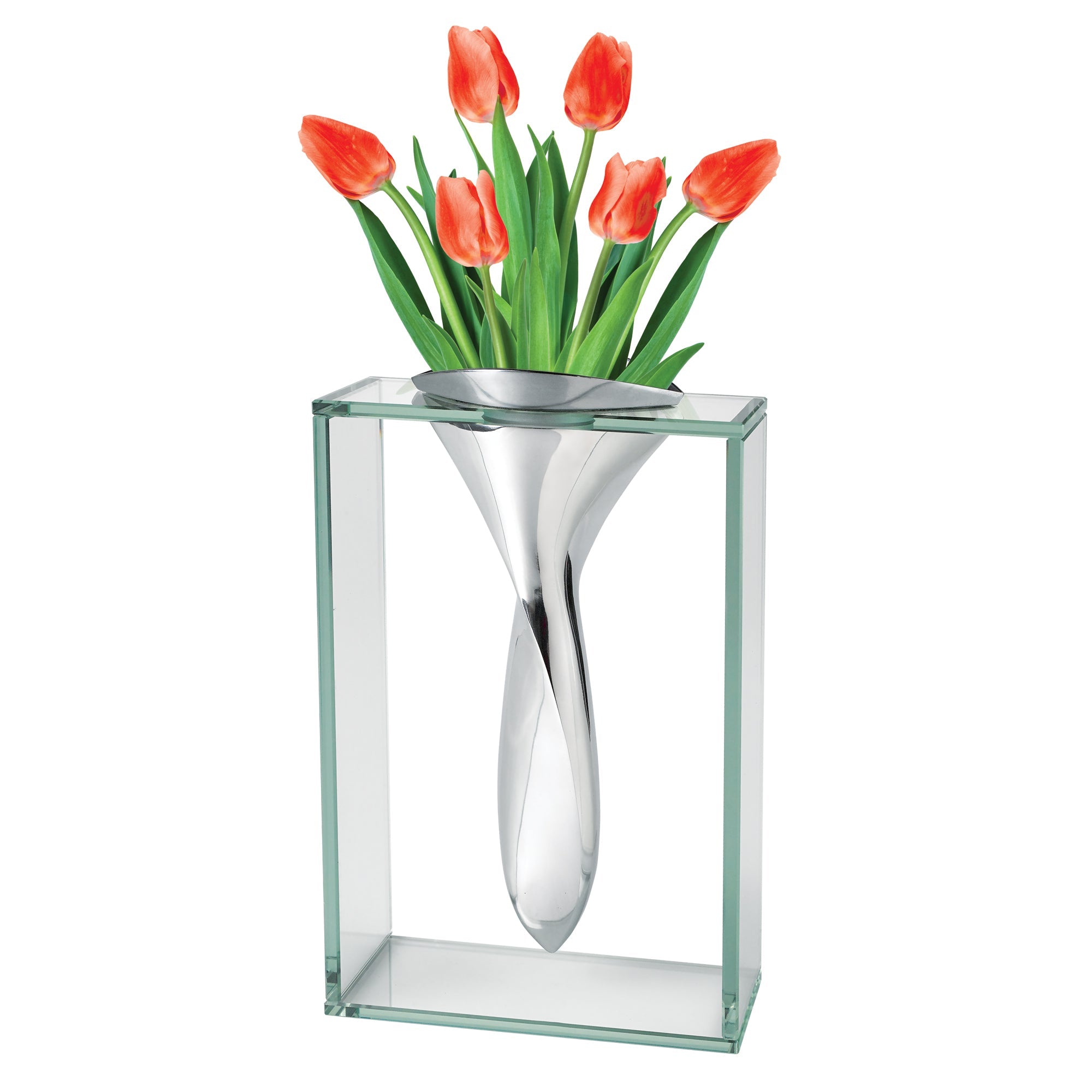 Modern glass and metal vase with red tulips for stylish contemporary home decor.

