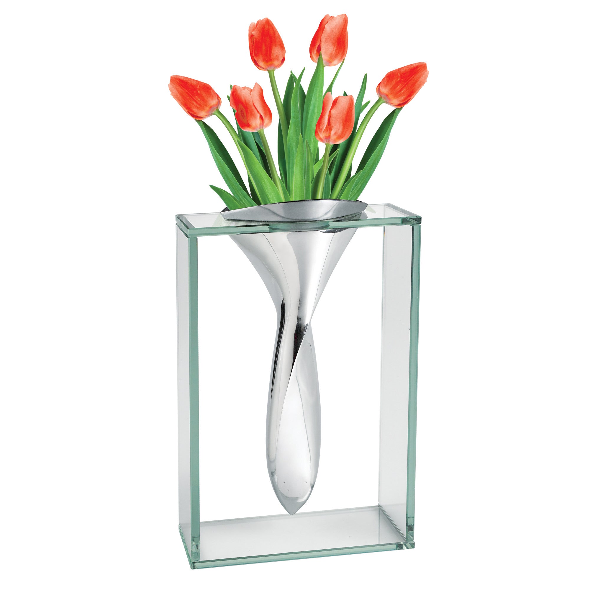 Elegant modern glass and metal vase with tulips for contemporary home decor.
