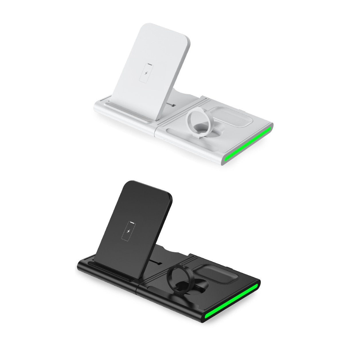 Black and white 3-in-1 wireless charging docks for phone, watch, and earbuds