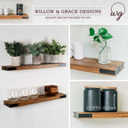 Wood floating shelves with metal brackets for plants, kitchen jars, and decor.
