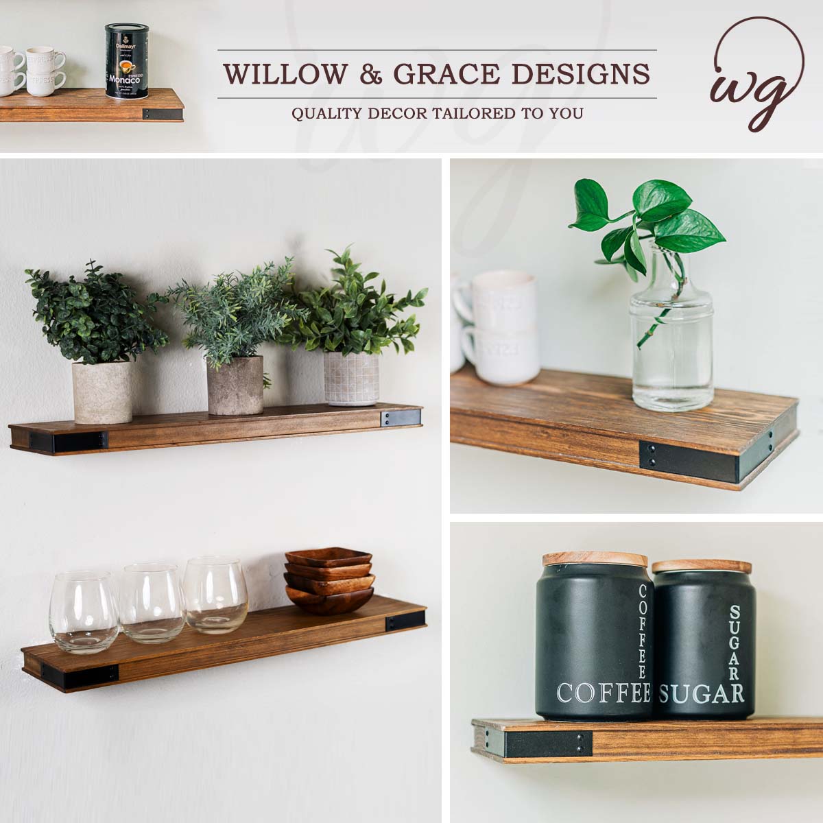 Wood floating shelves with metal brackets for plants, kitchen jars, and decor.
