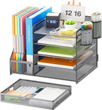 Mesh desk organizer with file holder, shelves, pen cups, and pull-out tray