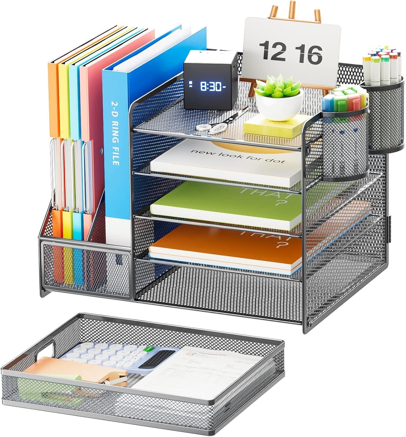 Mesh desk organizer with file holder, shelves, pen cups, and pull-out tray