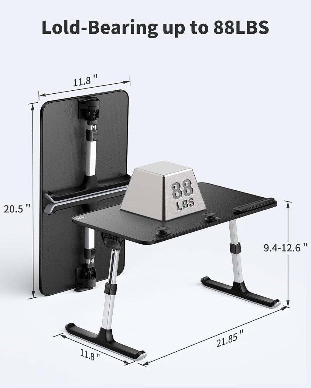 Adjustable laptop desk stand with size dimensions and weight capacity