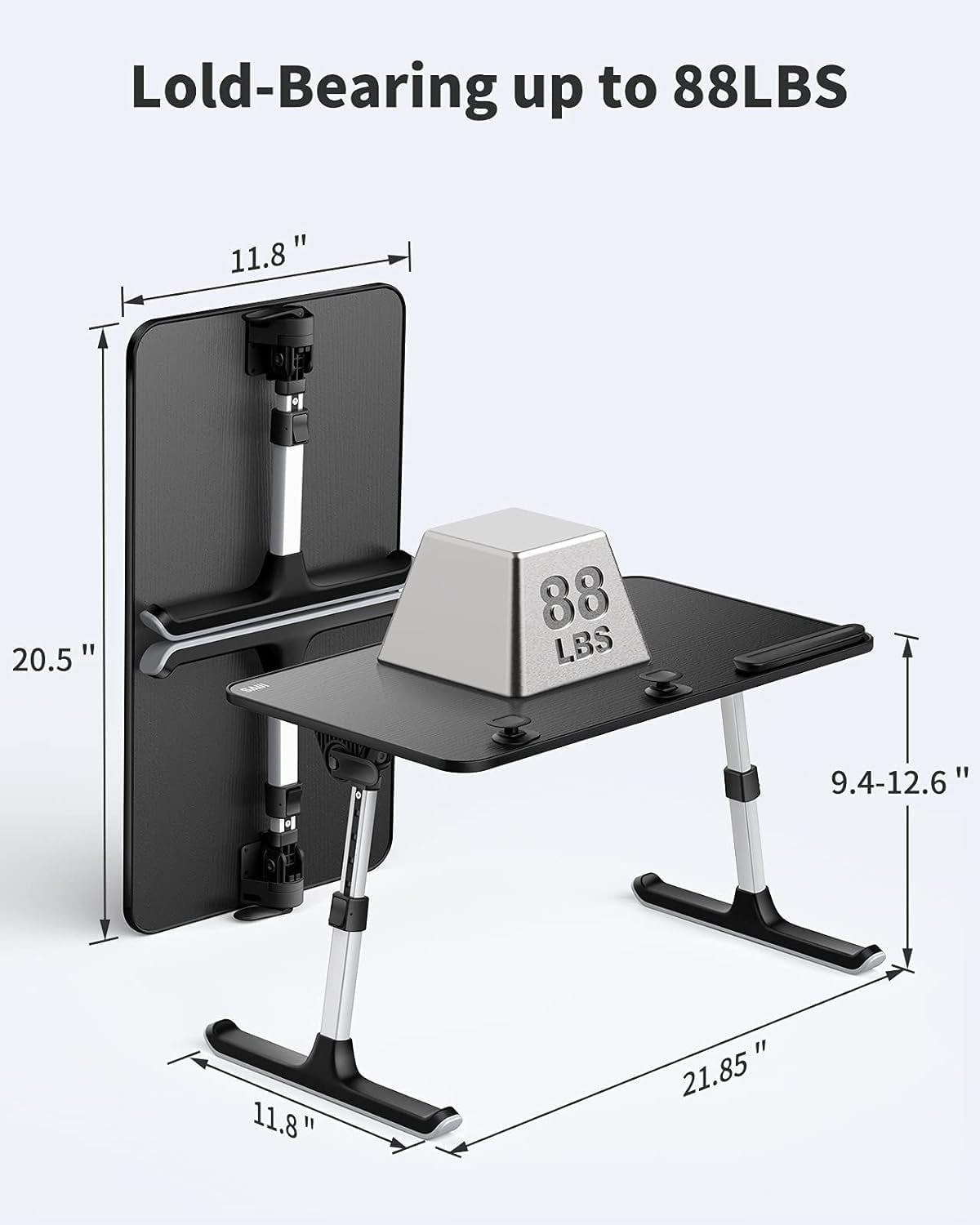Adjustable laptop desk stand with size dimensions and weight capacity