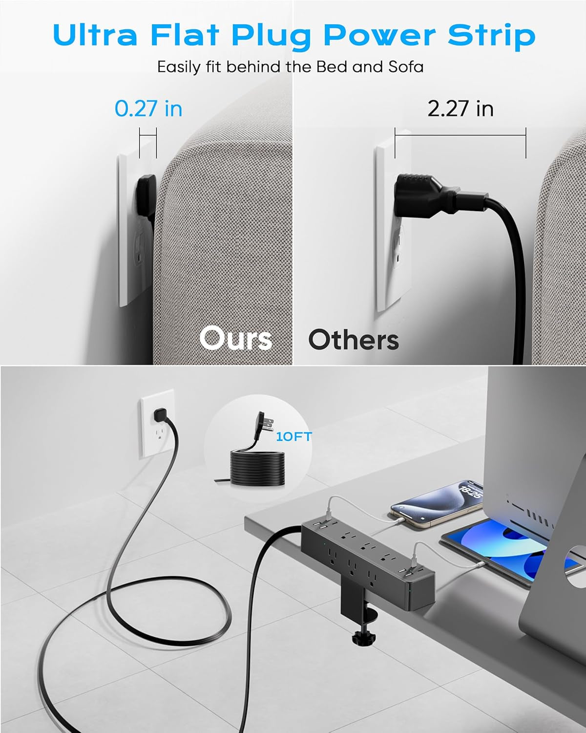 Slim plug desk clamp power strip fits behind furniture for easy access